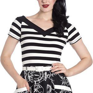 NWT Hell Bunny Black/White Stripe V-Neck Off-Shoulder Knit Top Size 3XL